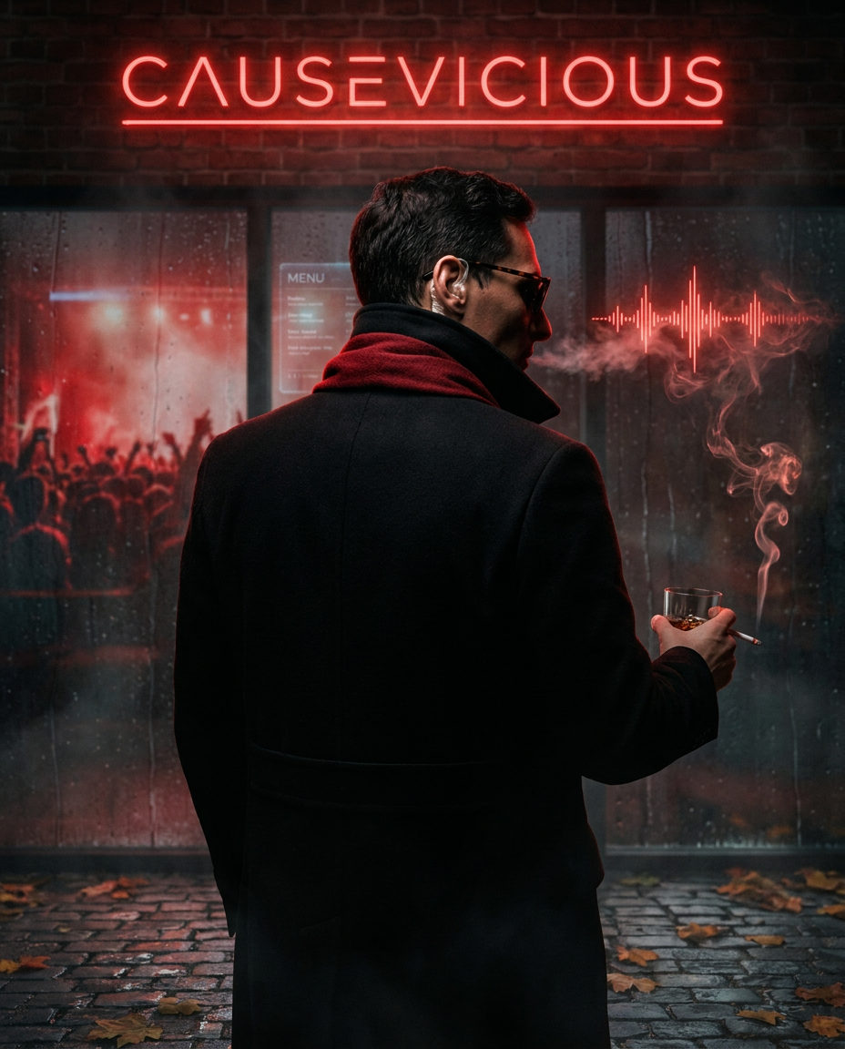 Causevicious artwork with a red neon sign above a man in a dark coat.